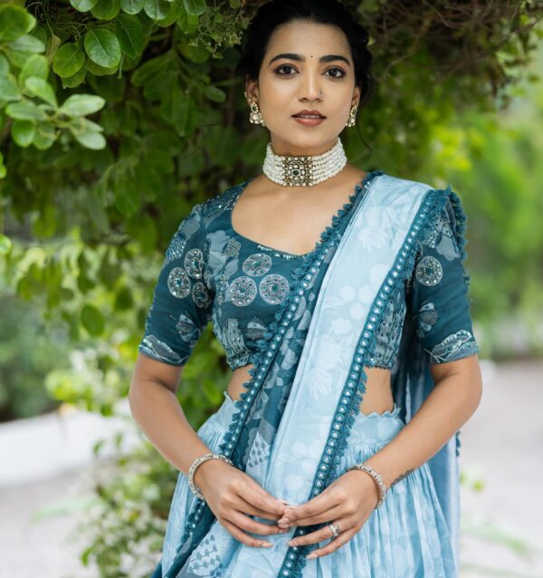 TEAL AND PURE CHANDERI LEHENGA SET - Image 2