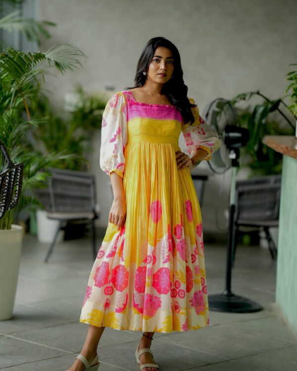 Yellow & Pink Floral Midi Dress