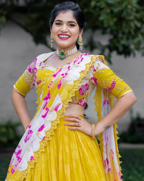 Yellow and White Pure Chanderi Lehenga Set - Image 4