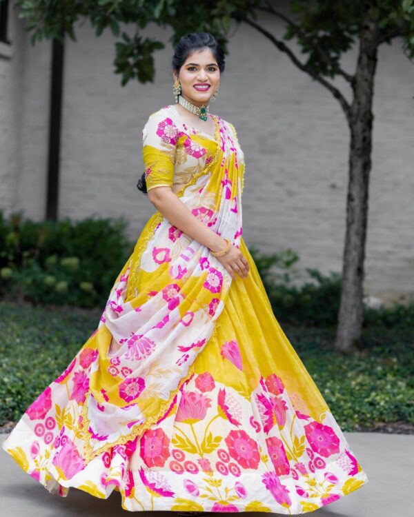 Yellow and White Pure Chanderi Lehenga Set - Image 3