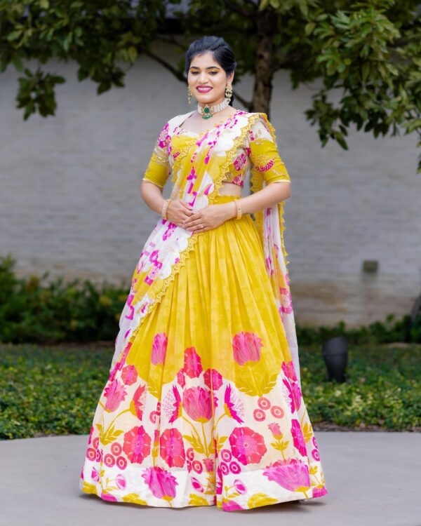 Yellow and White Pure Chanderi Lehenga Set