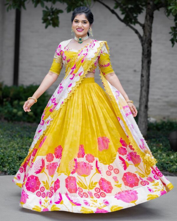 Yellow and White Pure Chanderi Lehenga Set - Image 2