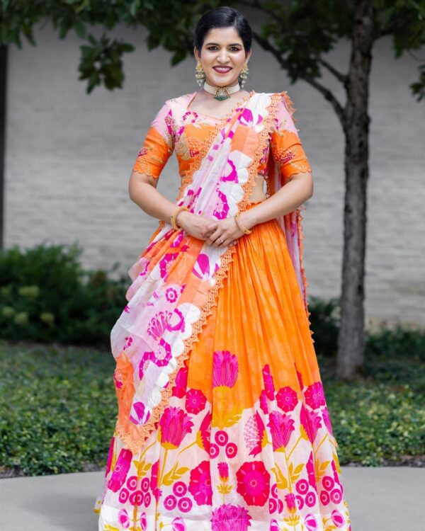 Orange and White Pure Chanderi Lehenga Set