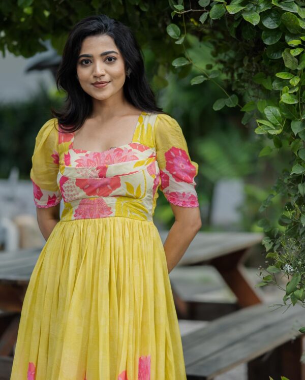 Bloom Yellow and Pink Pleated Pure Georgette Dress - Image 2