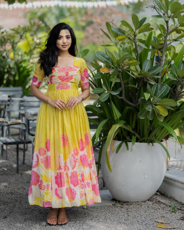 Bloom Yellow and Pink Pleated Pure Georgette Dress