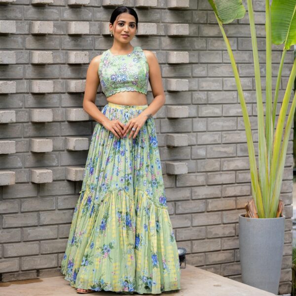 Green Pure Chanderi Lehenga Set