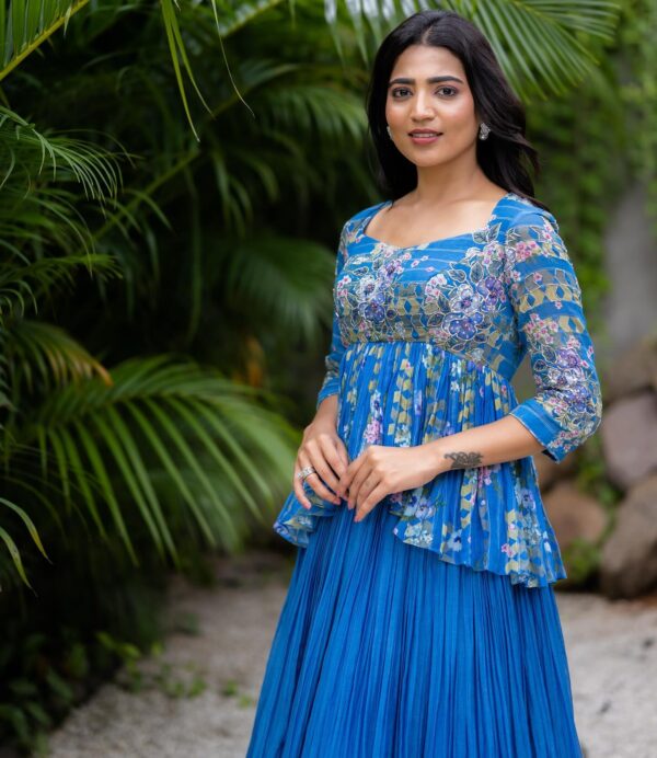 Dark Blue Bloom Handwoven Chanderi Dress - Image 2