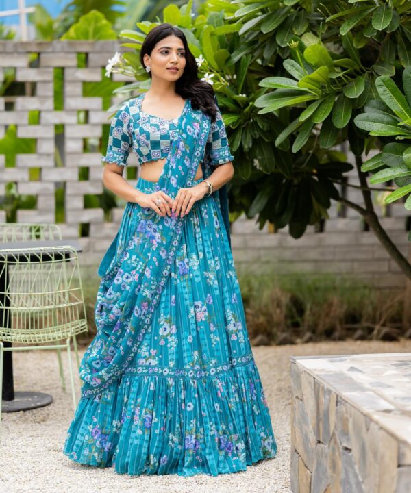 Pastel Teal Handwoven Chanderi Lehenga Set