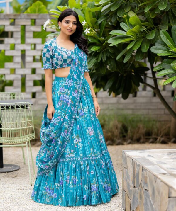 Pastel Teal Handwoven Chanderi Lehenga Set - Image 2