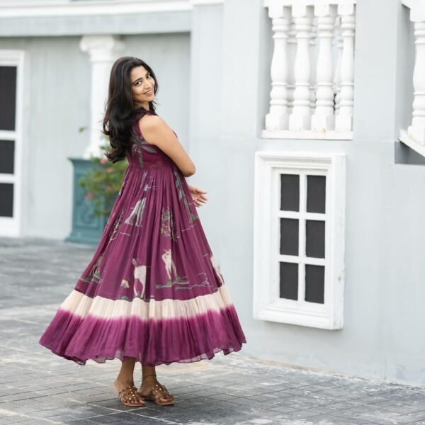 Wine Ombre Shaded Bloom Pure Chanderi Dress - Image 4