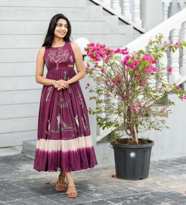 Wine Ombre Shaded Bloom Pure Chanderi Dress