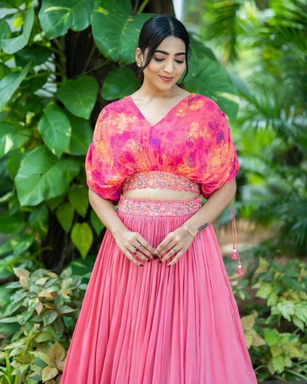 Pink Splash-Printed Cape Lehenga Set - Image 2