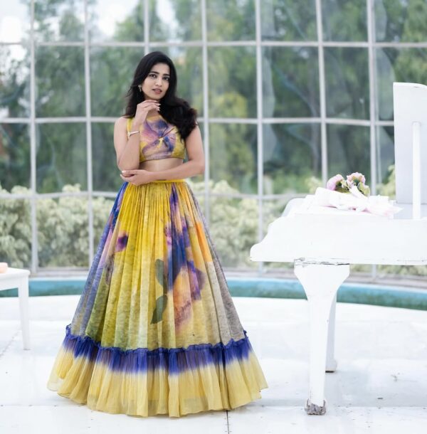 Yellow and Purple Ombre Shaded Bloom Pure Chanderi Lehenga Set - Image 3