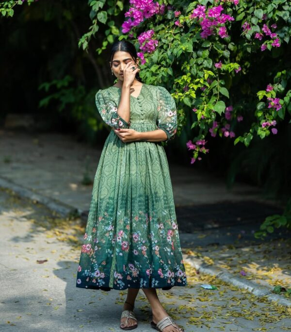 Green Ombre Shaded Bloom Pure Chanderi Dress - Image 3