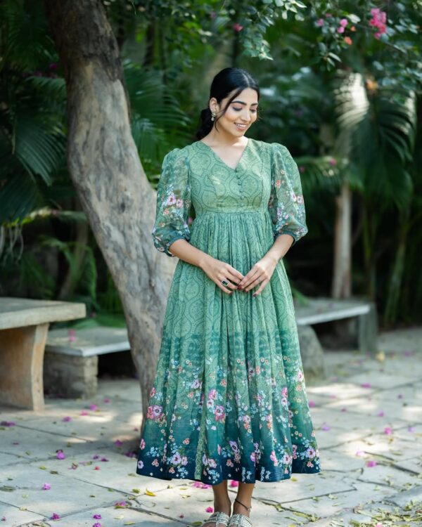 Green Ombre Shaded Bloom Pure Chanderi Dress