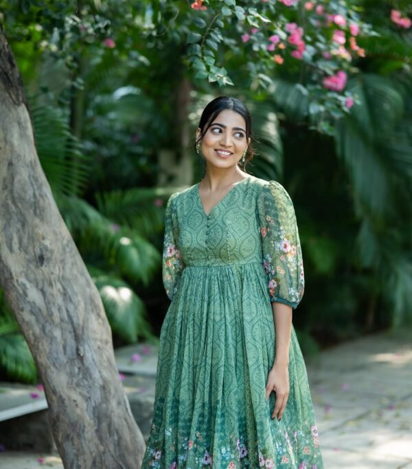 Green Ombre Shaded Bloom Pure Chanderi Dress - Image 4