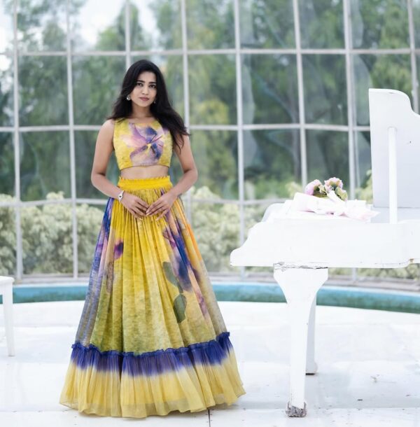 Yellow and Purple Ombre Shaded Bloom Pure Chanderi Lehenga Set - Image 2