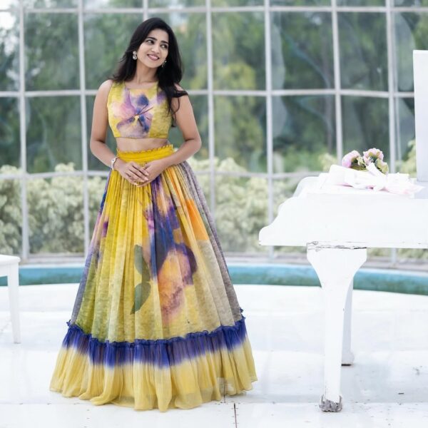 Yellow and Purple Ombre Shaded Bloom Pure Chanderi Lehenga Set