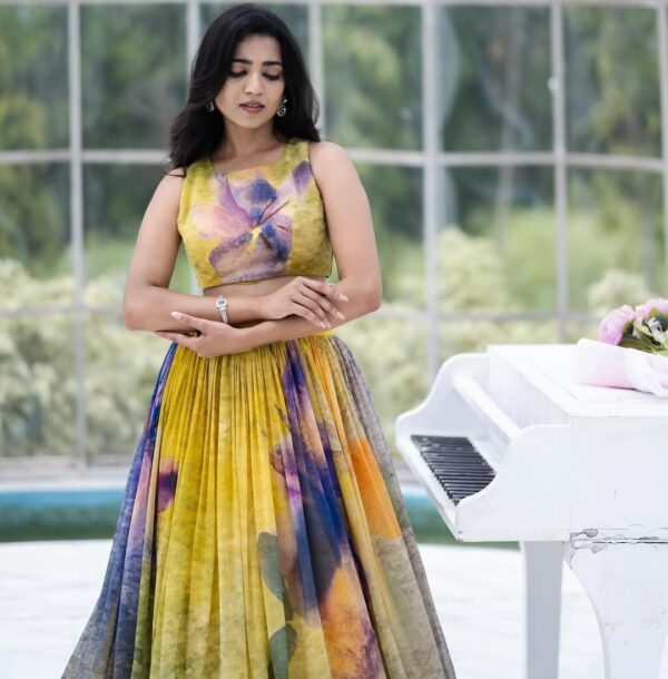 Yellow and Purple Ombre Shaded Bloom Pure Chanderi Lehenga Set - Image 4