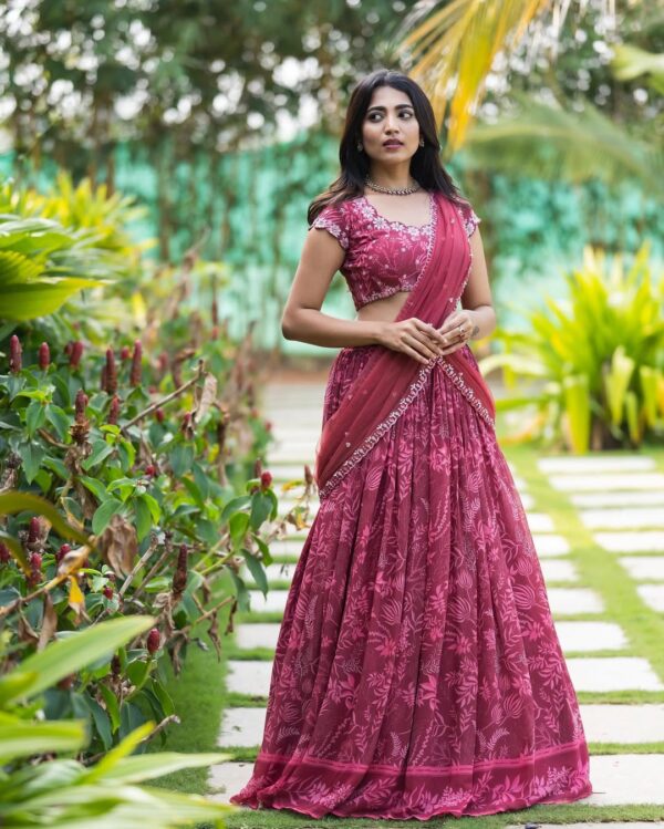 Red Leaf Pure Georgette Predraped Bloom Lehenga Set