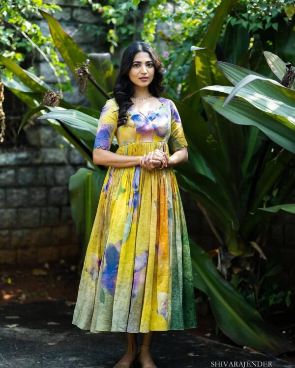 Yellow and Green Bloom Pure Chanderi Dress - Image 2